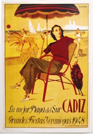 REPRODUCCIÓN CARTEL CADIZ, LA MEJOR PLAYA DEL SUR, GRANDES FIESTAS VERANIEGAS 1948.