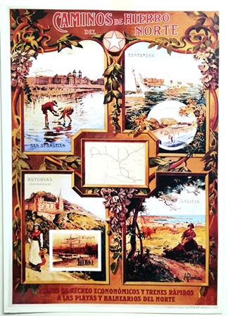 REPRODUCCIÓN CARTEL CAMINOS DE HIERRO DEL NORTE, VIAJES DE RECREO ECONOMICOS… 33 X 22,5 CM.
