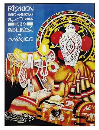 REPRODUCCIÓN CARTEL EXPOSICION IBERO-AMERICANA DE SEVILLA 1929 - PABELLON DE MEXICO. 31 X 22,5 CM.