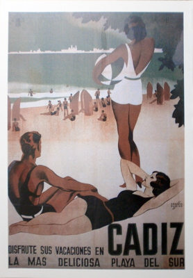 REPRODUCCION CARTEL CADIZ DISFRUTE SUS VACACIONES EN LA MAS DELICIOSA PLAYA DEL SUR.