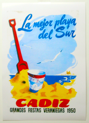 REPRODUCCION CARTEL CADIZ LA MEJOR PLAYA DEL SUR GRANDES FIESTAS VERANIEGAS 1950.