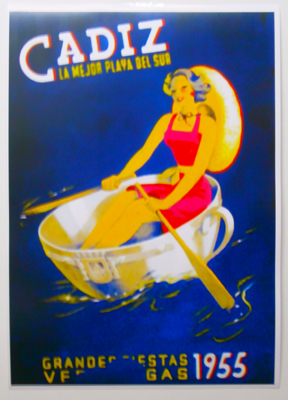 REPRODUCCION CARTEL CADIZ LA MEJOR PLAYA DEL SUR GRANDES FIESTAS VERANIEGAS 1955.