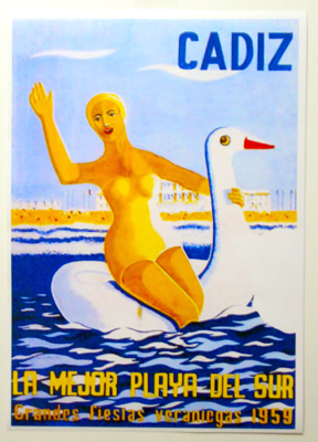REPRODUCCION CARTEL CADIZ LA MEJOR PLAYA DEL SUR GRANDES FIESTAS VERANIEGAS 1959.