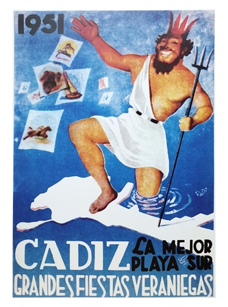 REPRODUCCION CARTEL CADIZ LA MEJOR PLAYA DEL SUR GRANDES FIESTRAS VERANIEGAS 1951