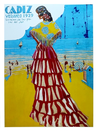 REPRODUCCION CARTEL CADIZ VERANEO 1929 LA REINA DE LAS PLAYAS DEL SUR
