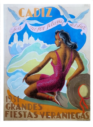 REPRODUCCION CARTEL CADIZ LA MEJOR PLAYA DEL SUR 1951 GRANDES FIESTAS VERANIEGAS