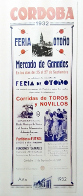 REPRODUCCION DE CARTEL CORDOBA 1932. FERIA DE OTOÑO. MERCADO DE GANADOS. PARTIDOS DE FUTBOL, ETC.