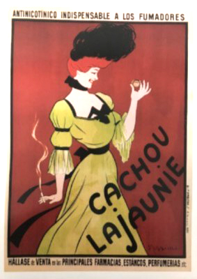 REPRODUCCION CARTEL CACHOU LA JAUNIE.ANTINICOTINICO INDISPENSABLE A LOS FUMADORES.
