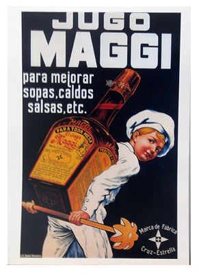 REPRODUCCION DE CARTEL JUGO MAGGI. PARA MEJORAR SOPAS, CALDOS SALSAS. 27,4X43cm.