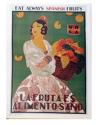 REPRODUCCION DE CARTEL LA FRUTA ES ALIMENTO SANO. EAT ALWAYS SPANISH FRUITS. 28X42,5cm.