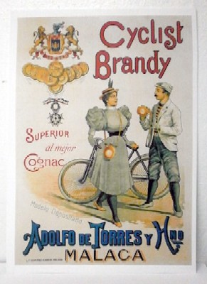 REPRODUCCION DE CARTEL CYCLIST BRANDY ADOLFO DE TORRES Y HOS., MALAGA.29,8X42,7cm.