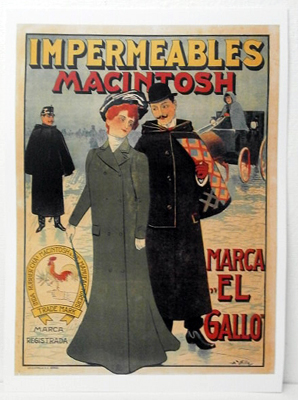 REPRODUCCION CARTEL IMPERMEABLES MACINTOSH MARCA EL GALLO. 29,5X42,3cm.