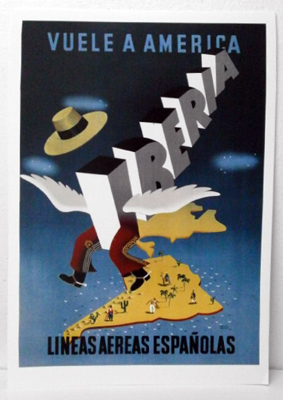 REPRODUCCION CARTEL IBERIA LINEAS AEREAS ESPAÑOLAS, VUELVE A AMERICA. 29,4X42,3cm.