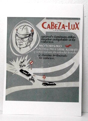 REPRODUCCION CARTEL CABEZA-LUX, APARATO LUMINOSO SEÑALIZADOR ADAPTABLE A LA CABEZA. 28,8 X 42,8 cm.