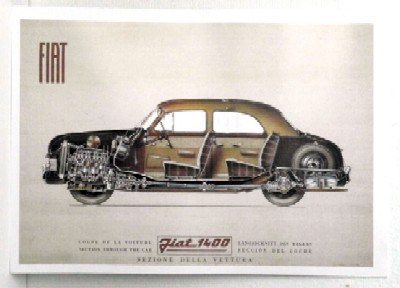 REPRODUCCION CARTEL FIAT 1400, SEZIONE DELLA VETTURA. 29,5 X 42 cm.