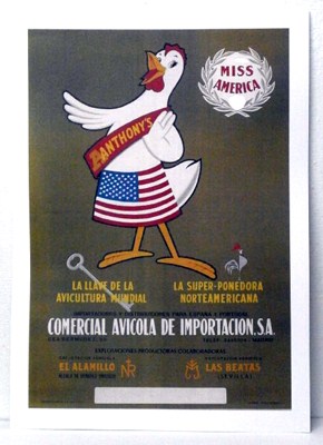 REPRODUCCION CARTEL MISS AMERICA ANTHONY'S, COMERCIAL ANCOLA DE IMPORTACION. 28 X 40,2 cm.
