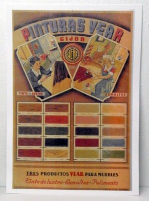 REPRODUCCION CARTEL PINTURAS VEAR, GIJON, TRES PRODUCTOS VEAR PARA MUEBLES. 29 X 42,6 cm.