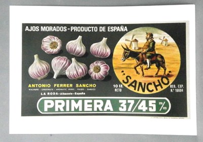 REPRODUCCION CARTEL SANCHO, AJOS MORADOS, PRODUCTO DE ESPAÑA. ALBACETE. 24,3 X 44,3cm.