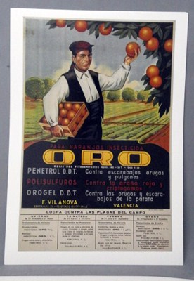 REPRODUCCION CARTEL PARA NARANJOS INSECTICIDA ORO F. VILANOVA, VALENCIA. 27,5 X 42.4 cm.