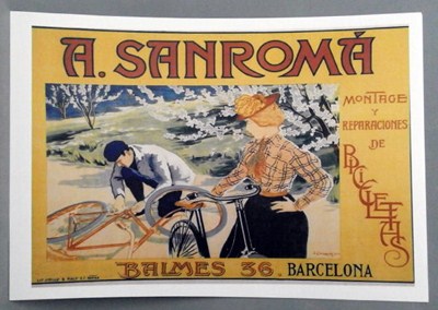 REPRODUCCION CARTEL A. SANROMA, MONTAJE Y REPARACIONES DE BICICLETAS, BARCELONA. 29,2 X 42,3 cm.