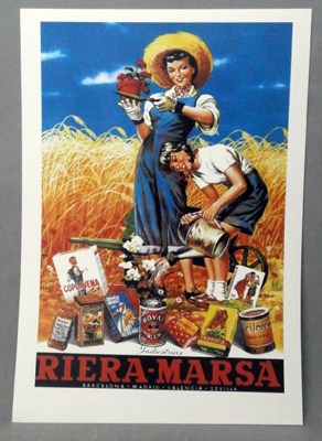 REPRODUCCION CARTEL INDUSTRIAS RIERA - MARSA. BARCELONA-MADRID-VALENCIA-SEVILLA.