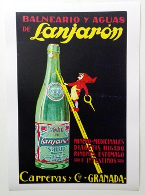 REPRODUCCION DE CARTEL BALNEARIO Y AGUAS DE LANJARON, CARRERAS Y CIA, GRANADA. 26,5 X 41,5 cm.