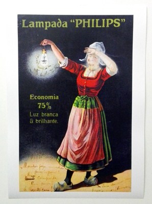 REPRODUCCION DE CARTEL LAMPADA PHILLIPS, ECONOMIA 75 % LUZ BRANCA Y BRILLANTE. 26,5 X 41,5 cm.