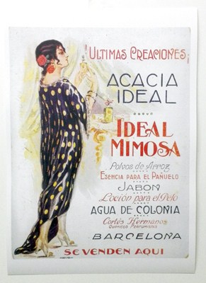 REPRODUCCION DE CARTEL ULTIMAS CREACIONES ACACIA IDEAL, IDEAL MIMOSA, POLVOS DE ARROZ, JABON, ETC. 30 X 39 cm.