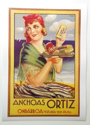 REPRODUCCION DE CARTEL ANCHOAS ORTIZ, ONDARROA, VIZCAYA. 27,5 X 40,5 cm.