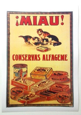 REPRODUCCION DE CARTEL MIAU, CONSERVAS ALFAGEME, CANDAS Y VIGO. 28 X 40 cm.