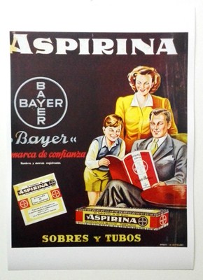 REPRODUCCION DE CARTEL ASPIRINA BAYER, SOBRES Y TUBOS, MARCA DE CONFIANZA. 30 X 36,5 cm.