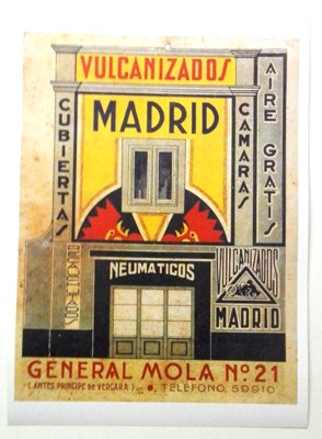 REPRODUCCION DE CARTEL VULCANIZADOS MADRID, GENERAL MOLA, Nº 21. 30 X 39,5 cm.