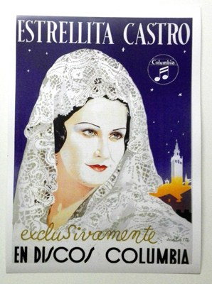 REPRODUCCION DE CARTEL ESTRELLITA CASTRO, EXCLUSIVAMENTE EN DISCOS COLUMBIA. 29,5 X 42 cm.