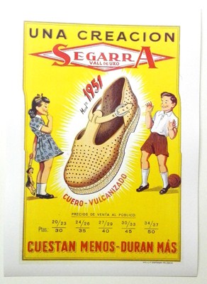 REPRODUCCION DE CARTEL UNA CREACION SEGARRA VALL DE UXO MOD. 151, CUERO VULCANIZADO. 27 X 39,5 cm.