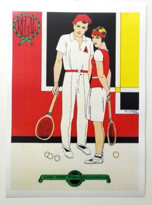 REPRODUCCION DE CARTEL DISCOS REGAL VIVA TONAL GRAFONOLA COMO LA VIDA MISMA, PAREJA DE TENISTAS. 29,5 X 41,5 cm.