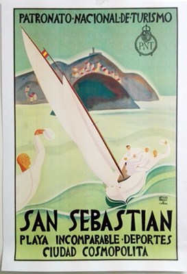 REPRODUCCION DE CARTEL SAN SEBASTIAN, PLAYA INCOMPARABLE - PATRONATO NACIONAL DE TURISMO.