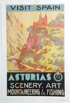 REPRODUCCION DE CARTEL VISIT SPAIN ASTURIAS SCENENARY, ART, MOUNTAINEERING & FISHING.