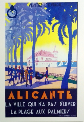 REPRODUCCION DE CARTEL ALICANTE LA VILLE QUI N'A PAS D'HIVER LA PLAGE AUX PALMIERS. P.N.T.