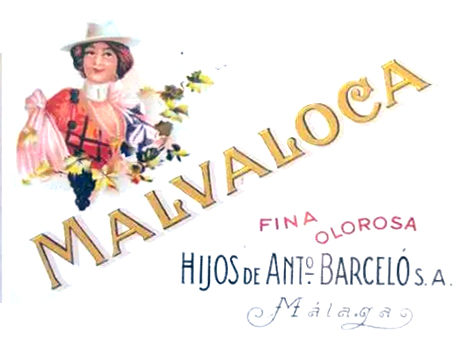 REPRODUCCION DE CARTEL MALVALOCA. FINA OLOROSA. HIJOS DE ANT. BARCELO, MALAGA.