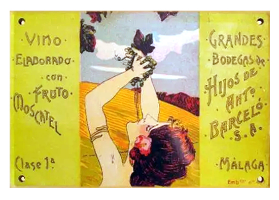 REPRODUCCION DE CARTEL VINO ELABORADO CON FRUTO MOSCATEL, HIJOS DE BARCELO, MALAGA.