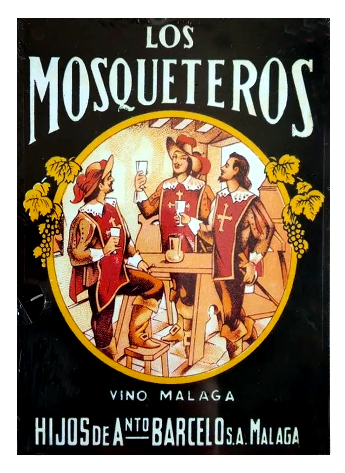REPRODUCCION DE CARTEL VINO LOS MOSQUETEROS, HIJOS DE BARCELO, MALAGA.
