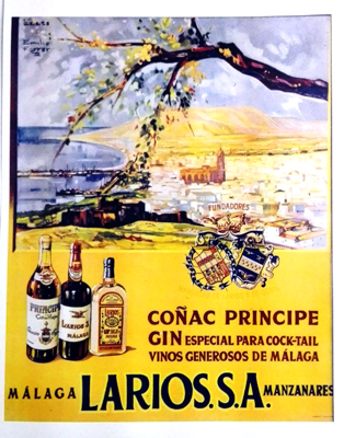 REPRODUCCION CARTEL COÑAC PRINCIPE, GIN ESPECIAL, VINOS. MALAGA LARIOS, S.A. MANZANARES.