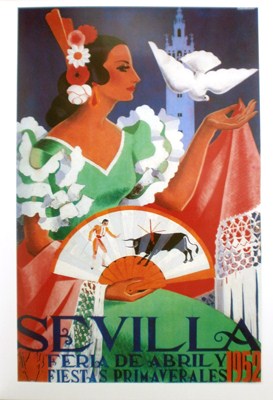 REPRODUCCION CARTEL SEVILLA FERIA DE ABRIL Y FIESTAS PRIMAVERALES 1952.
