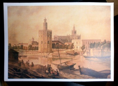 REPRODUCCION CARTEL SEVILLA VISTA DESDE EL RIO TORRE DEL ORO CATEDRAL AL FONDO