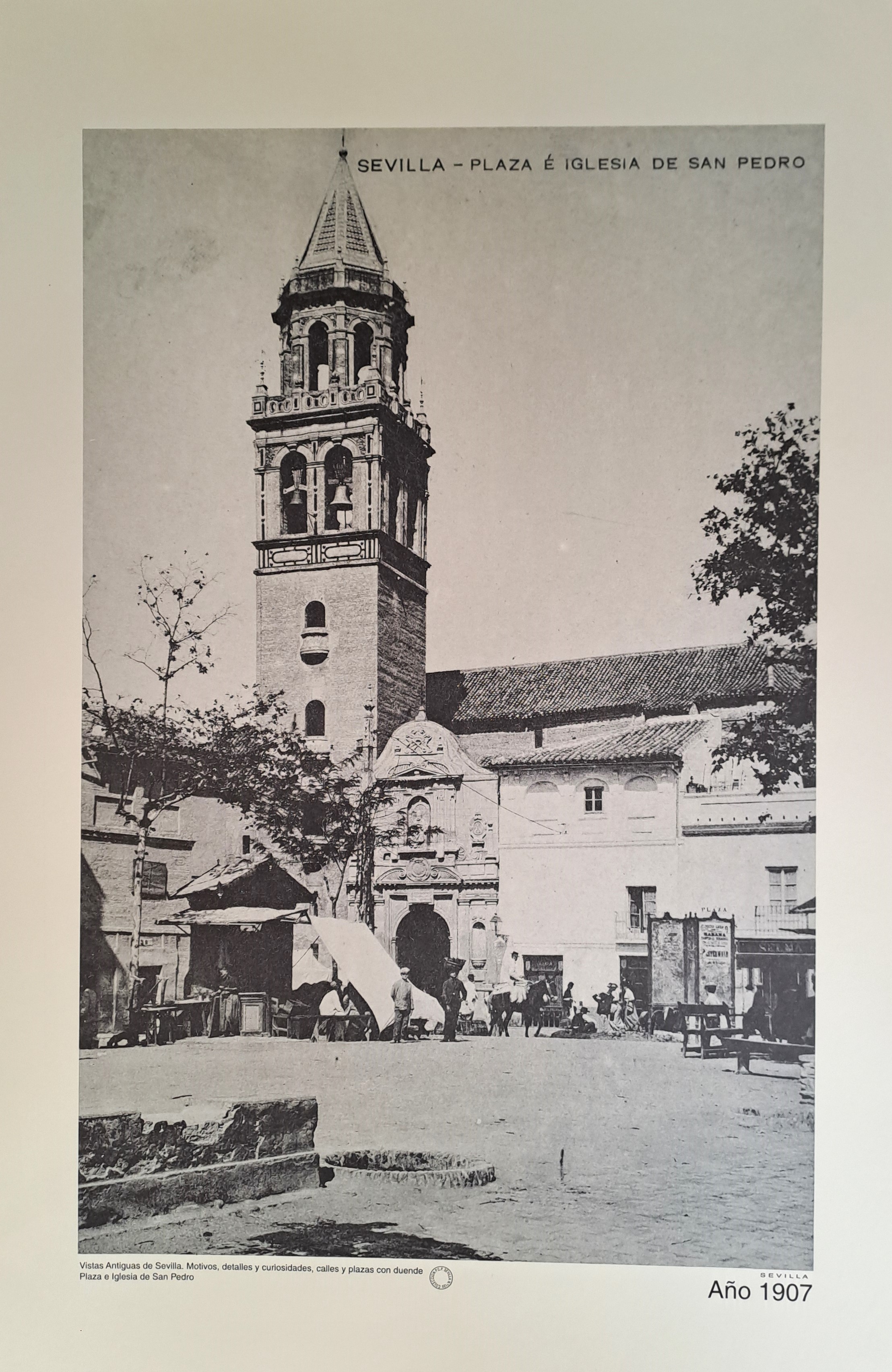REPRODUCION LAMINA VISTAS ANTIGUAS DE SEVILLA PLAZA E IGLESIA DE SAN PEDRO AÑO 1907