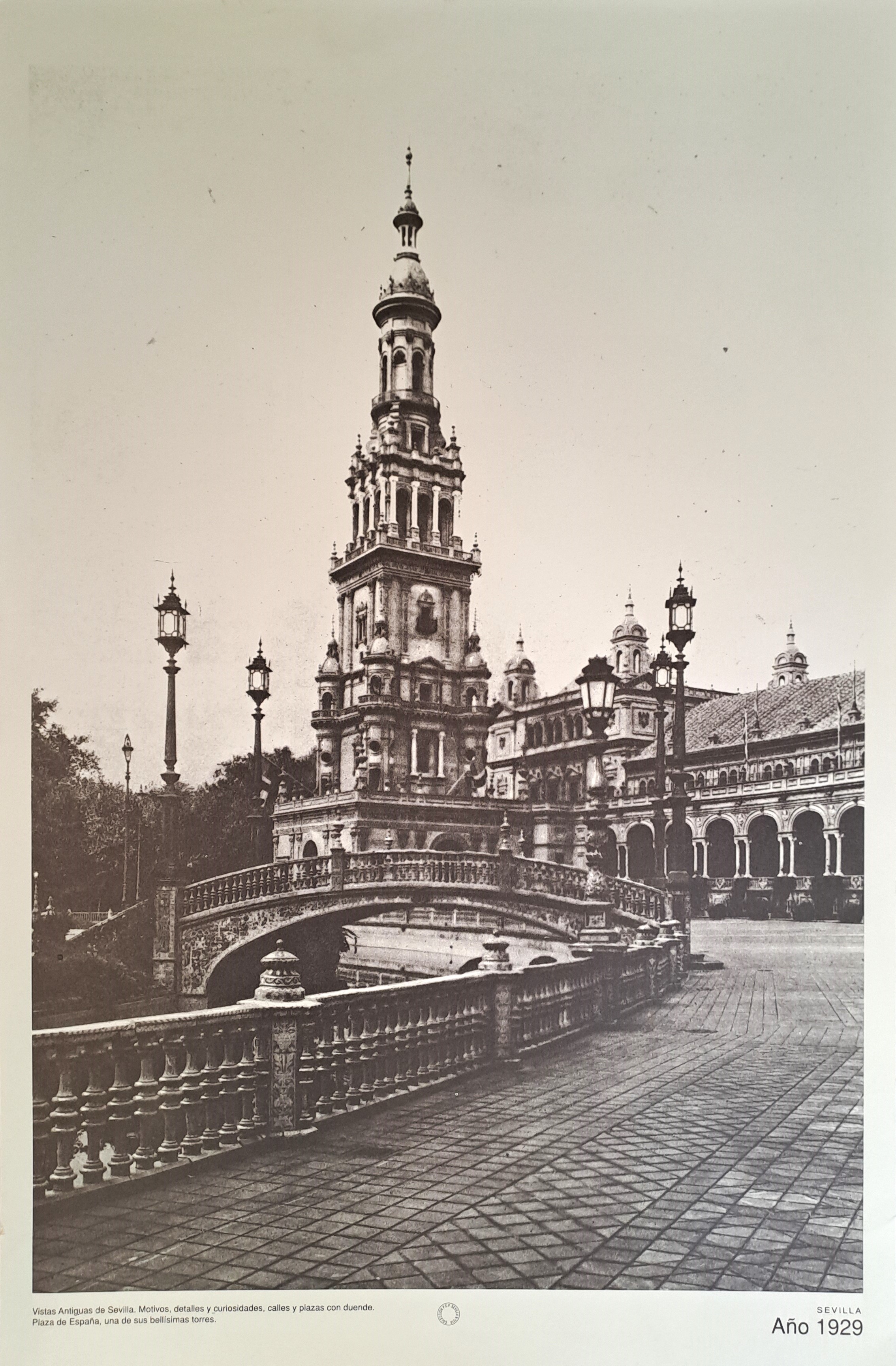 REPRODUCION LAMINA VISTAS ANTIGUAS DE SEVILLA PLAZA DE ESPAÑA UNA DE SUS BELLISIMAS TORRES AÑO 1929