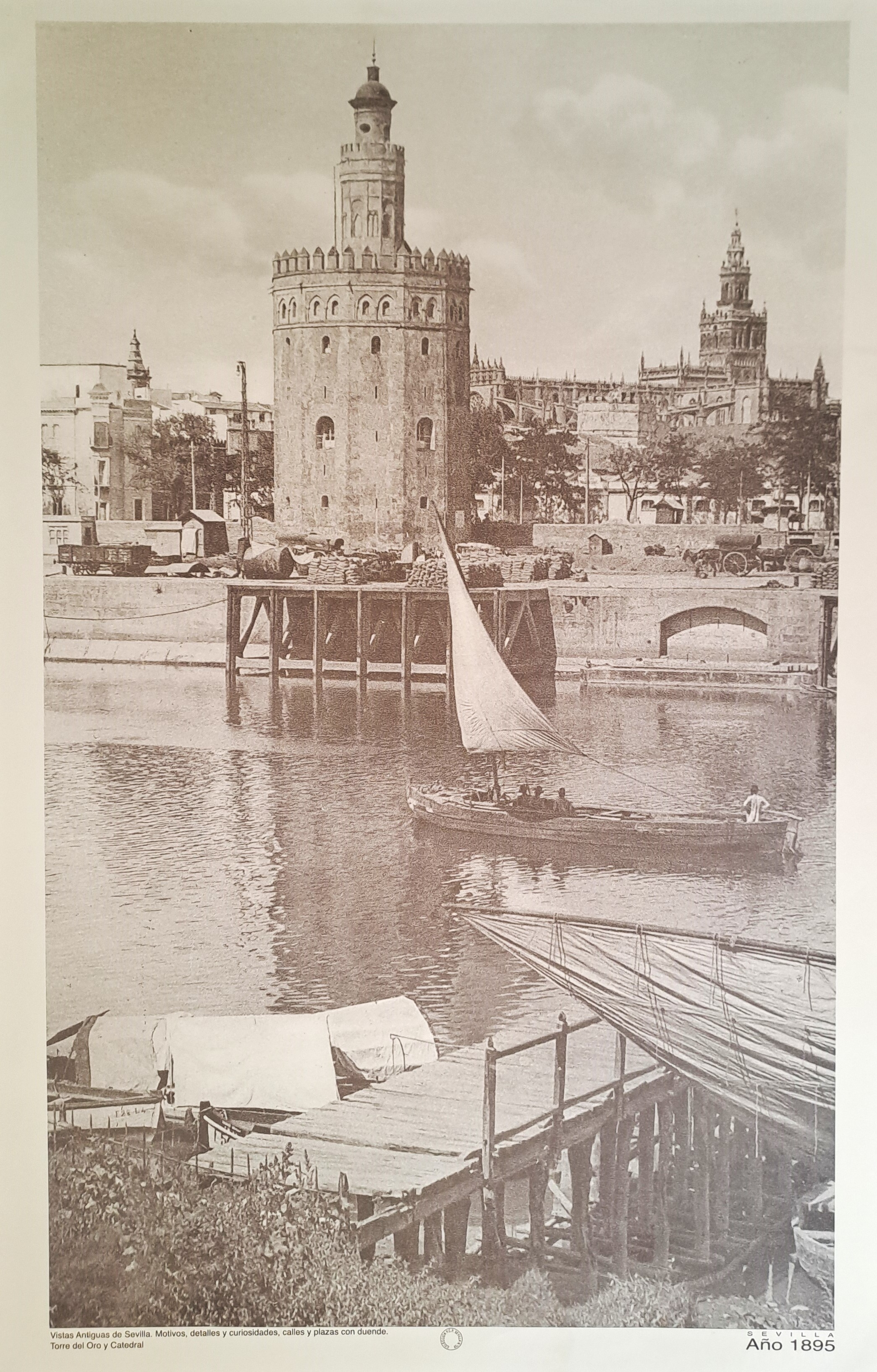 REPRODUCION LAMINA VISTAS ANTIGUAS DE SEVILLA TORRE DEL ORO Y CATEDRAL AÑO 1895