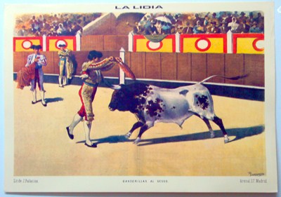 REPRODUCCION CARTEL LITOGRAFICO LA LIDIA - BANDERILLAS AL SESGO. P. PEREA.