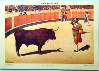 REPRODUCCION CARTEL LITOGRAFICO LA LIDIA - ANTES DE RECIBIR. P. PEREA.