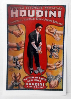 REPRODUCCION CARTEL EUROPE'S ECLIPSING SENSATION HOUDINI THE WORLD'S HANDCUFF KING & PRISON BREAKER. 29 X 43 cm.